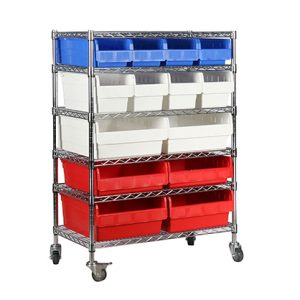 Wire shelving trolley with shelfull bins