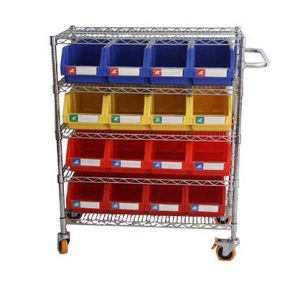 Wire shelving trolley with storage bins