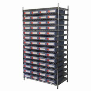 Wire shelving with shelf bins