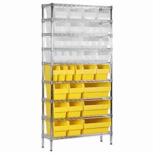 Wire shelving with shelfull bins